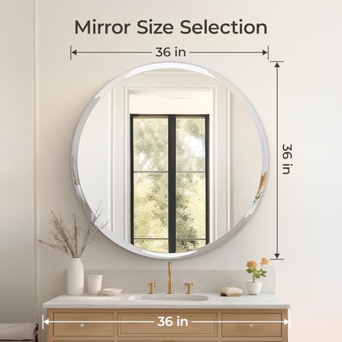 Image of USHOWER 36 inch Round Frameless Wall Mirror with Beveled Edge | Circle Mirror for Bathroom & Vanity, Elegant & Simple Look