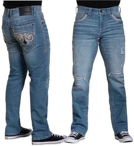Affliction Men's Distressed Denim Jeans, Light Blue Wash, Straight Leg, Decorative Back Pockets, Ripped Design