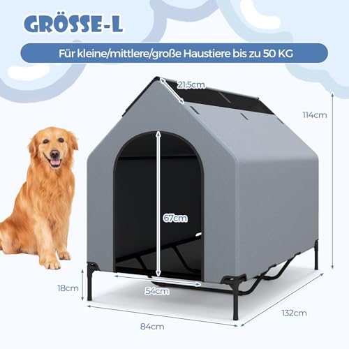 COSTWAY 2 in 1 Hundehütte & erhöhtes Hundebett, Hundeliege Outdoor, Haustierhaus mit atmungsaktivem Netzgewebe & Abnehmbarer Abdeckung, Hundehaus für große Hunde, Oxford, Grau (84 x 132 x 114 cm)