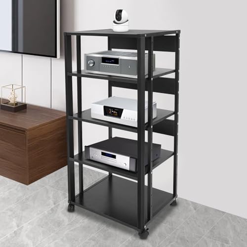 5 Tier Audio/Video Media Stand, CD Record Player Stereo Receiver AV Equipment Cabinet Display Rack with 4 Lockable Wheels Capacity Up0110 lbs Media Audio Tower Cabinet for Living Room- (Black)