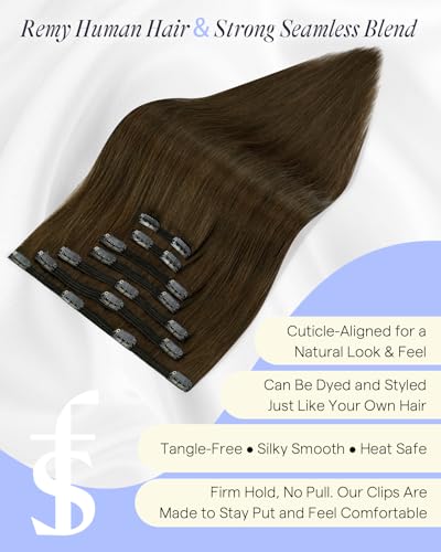 Image of Full Shine Thick Human Hair Clip in Extensions, Medium Brown | Clip in Hair Extensions, 20 Inch 180g 7Pcs, Thick Real Human Hair, Invisible Weft, Full Head Volume, Medium to Thick Hair