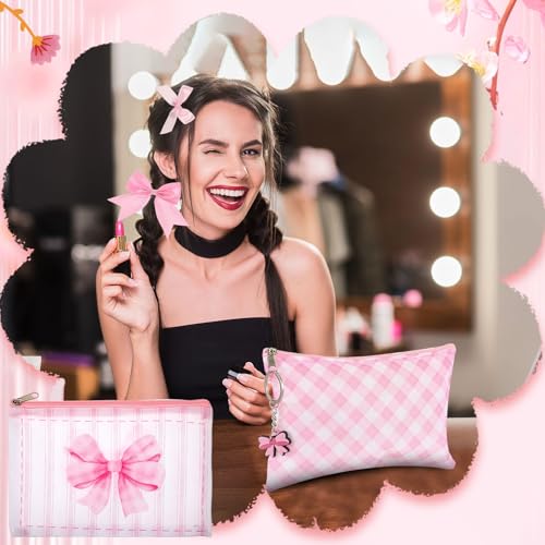 48 Pcs Pink Bow Party Favors Included Coquette Makeup Bags Keychains Pink Bows Hair Clips Coquette Birthday Party Gifts Bulk for Women Bestie Coworker 5