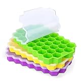 MOSOTECH Eiswürfelform Silikon, 3er Pack 37-Fach Eiswuerfel Form Mit Deckel, Stapelbar Eiswürfelbehälter Ice Cube Tray, LFGB Zertifiziert und BPA Frei für Bier Cocktails Whisky