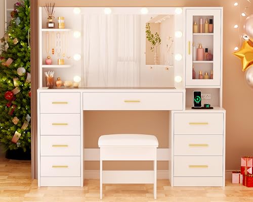 ANWBROAD 49.2" Large Vanity Desk with Mirror and Lights White Makeup Vanity Desk with Glass Top and Power Outlet 8 Drawers Nightstand 5 Hooks Vanity Table with Stool for Bedroom Women Girls UBDT88W