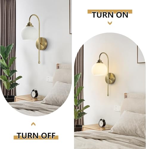 Image of KCO Lighting 1-Lighting Milk Ribbed Glass Wall Sconce Indoor Gold and White Wall Sconce Minimalist Slim Long Sconces Brass Hallway Wall Light Fixtures Globe Vanity Lights for Bathroom Bedroom