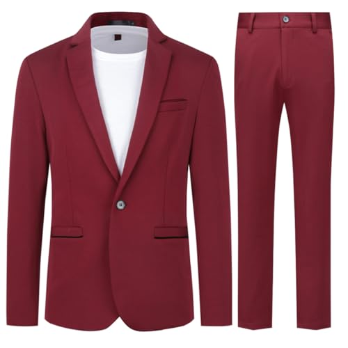 Allthemen Traje de Hombre de 2 Piezas Traje Ajustado Traje de Boda de Negocios con un botón Vino Tinto XL