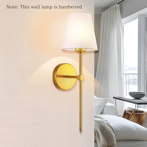 Wall Sconces Sets of 2, Retro Industrial Wall Lamps, Vanity Sconces Wall Lighting with White Fabric Shades, Wall Lights Suitable for Bathroom Bedroom Living Room Kitchen Gold - Image 3