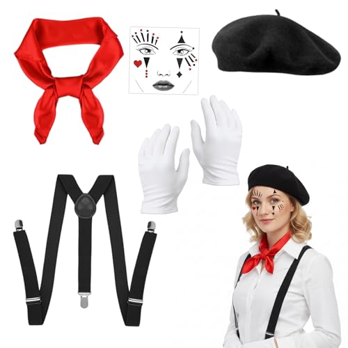 Wqafe Disfraz de carnaval pantomima para mujer y hombre, boina negra, paños rojos, guantes blancos, tatuaje facial, disfraz de carnaval, fiesta temática, juego de accesorios para adultos franceses
