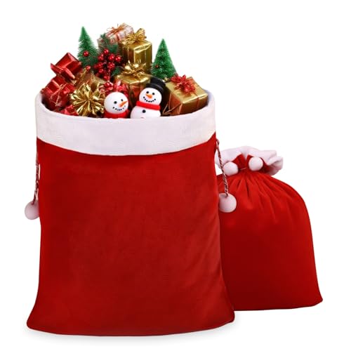 GlyinnHe 2pcs Christmas Velvet Santa Bags with Drawstring Red Santa Gift Bags Large Christmas Gift Sack for Xmas Present Party Supply Costume Holiday Wrapping2 Sizes