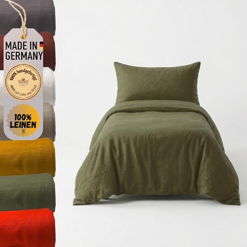 chambry Premium Bettwäsche 100% Leinen - handgefertigt in Deutschland - atmungsaktiv temperaturausgleichend bügelfrei - Bettbezug 135x200cm + Kissenbezug 40x80cm - Khaki