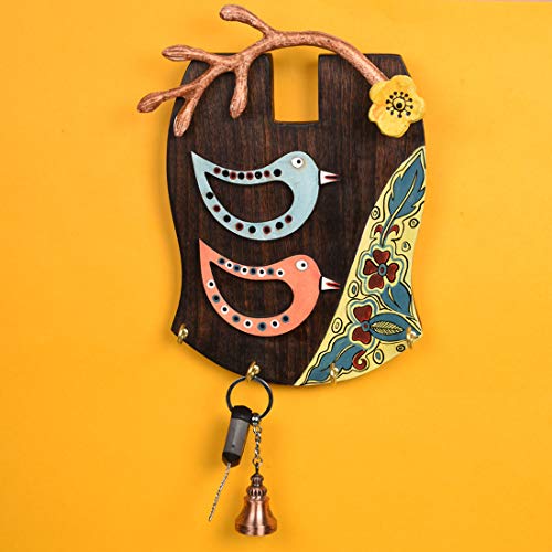 Image of AAKRITI ART CREATIONS Key Holder, Handcrafted Madhubani Fish Design Key Hanger | Rustic Wood Wall Organizer with 5 Hooks | New Home Gifts | Multifunctional Entryway Decor Item