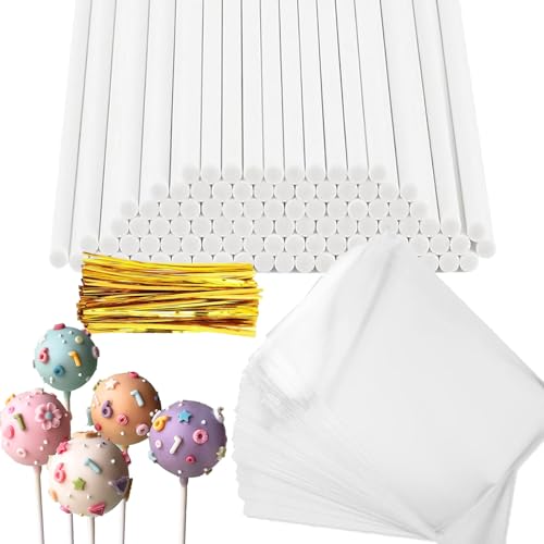 300 Cake Pop Sticks Set. Includes 100 Lollipop Sticks 100 Cake Sticks 100 Gold Bows Suitable for Baking Handicrafts and Party Decorations. Lolly Sticks are Suitable for Various Holiday Parties