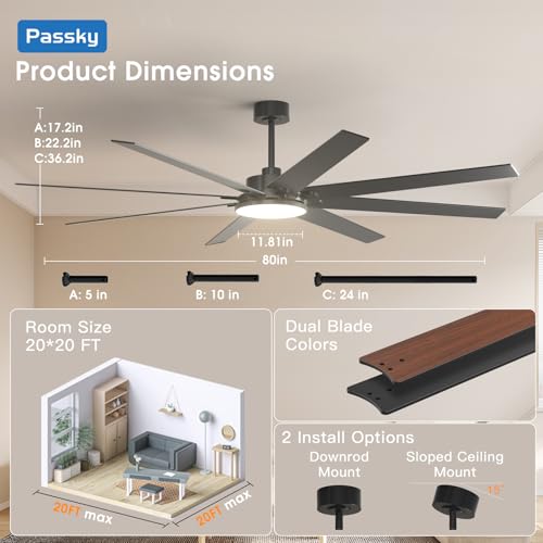 Image of 80 inch Ceiling Fans with Lights, Large Modern Ceiling Fan with Light and Remote Control, Reversible, 3CCT, Dimmable, Quiet, Black Ceiling fan For Bedroom, Living Room, Patio Farmhouse, Indoor /Outdoor