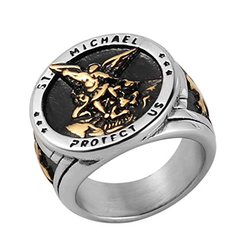 Image of HZMAN St. Michael San Miguel The Great Protector Archangel Defeating Satan Figurine Stainless Steel Amulet Ring