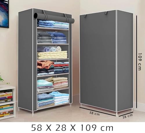 Image of ClearSpace Multipurpose Baby Wardrobe /Cabinet /Multipurpose Storage Rack, Foldable, Collapsible Fabric Wardrobe Organizer for Clothes (Plastic and Non Woven Fabric) (Gray, 6 - Layer)