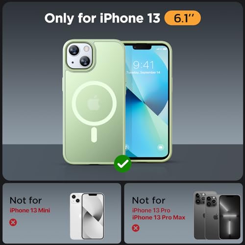 Image of Miracase Magnetic for iPhone 13 Case 6.1 inch (Compatible with MagSafe)(with 2X Screen Protectors) Military-Grade Protection, Anti-Fingerprint Translucent Matte Phone Case Cover, Light Green