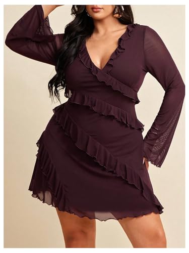 Women's Plus Size Y2K Ruffle Mini Dress Cocktail Mesh Tie Backless Long Bell Sleeve V Neck Short Dresses3