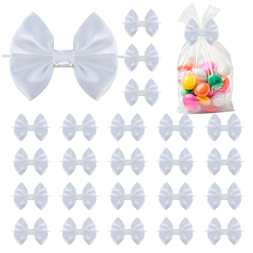 Ysibbon 30 Pack Twist Tie Bows, White 3.5 inch Satin Ribbon Pretied Bows, for Craft Sewing Scrapbooking Wedding and Gift Wrapping Treat Bag Bakery Candy Bags, Home Décor
