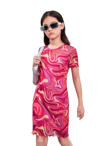 WDIRARA Girl's Marble Printed Lettuce Trim Dress Short Sleeve Crewneck Bodycon Dress