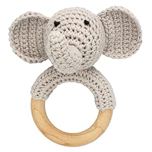 Joliecraft Woodland Friends Baby Rattle Shaker Toy with Wooden Teething Ring Gray Elephant