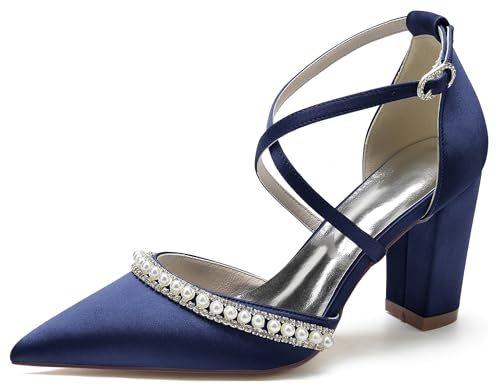 Minishion Women Wedding Shoes Heels Cross Strap Pointed Toe Evening Prom Pumps with Pearl BR027