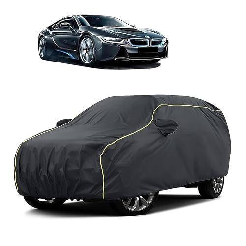 Image of Sulfar 100% Water Resistant Car Body Cover Compatible with Mirror for BMW i8 (Triple Stitched, Full Bottom Elastic, Dark Grey Taffeta with Yellow Piping)