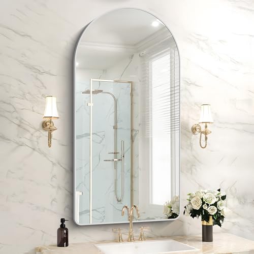 Image of FORBATH Arched Bathroom Mirror 24x48 Inch, Silver Bathroom Mirror Wall Mounted Modern Aluminum Alloy Frame Arch Mirror for Bedroom Living Room Entryway, Hanging or Leaning Against Wall