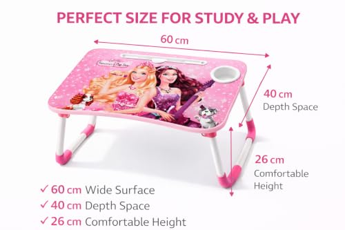 Image of Printed Wooden Study Desk for Kids, Foldable & Portable Laptop Table for Bed, Large Kids Activity Table with Non-Slip Legs, Multipurpose Breakfast Tray & Picnic Table (60x40x26 cm) (Barbie)