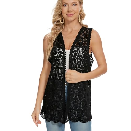 Image of Womens Floral Crochet Lace Boho Trim Sleeveless Open Front Vest Cardigan
