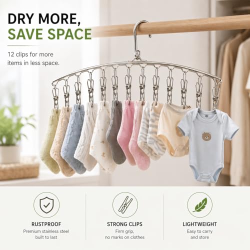 Image of PUREAGLE Premium Clips for Clothes Drying | Stainless Steel Cloth Dryer Hanger 12 Clips | Clothes Drying Stand Hanger for Socks, Baby Clothes, Undergarments | Rustproof Heavy Duty