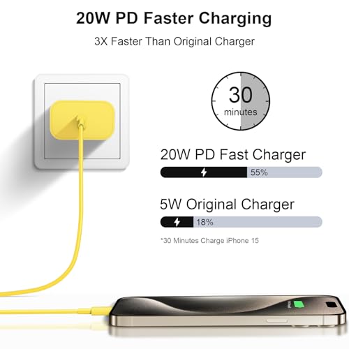 Image of iPhone 17 16 15 Charger Fast Charging 6FT - 20W USB C Charger Block with 6FT Type C to C Cable Compatible with iPhone 17 /17 Pro /17 Pro Max /Air /16 /16e /15, iPad Pro, iPad Air (Yellow)