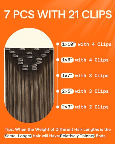 Image of Full Shine Human Hair Clip in Extensions Double Weft | Clip Hair Extensions Real Human Hair, Balayage Dark Brown to Ash Brown, Remy Hair, Straight Hair, 20 Inch 7 Pcs 120g