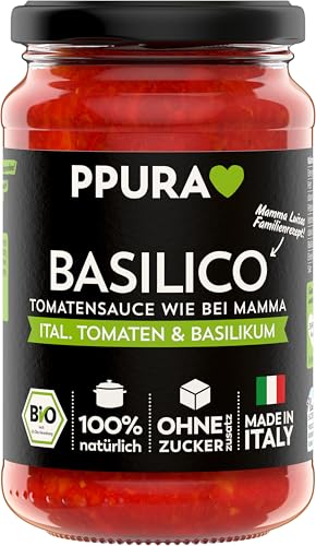 PPURA Bio Tomatensauce Basilico | Pasta-Sauce mit italieischem Basilikum | Sugo Made in Italy | 100% Natürlich | Nudel-Soße Vegan Zuckerzusatz & Konservierungsstoffe | 340g Glas