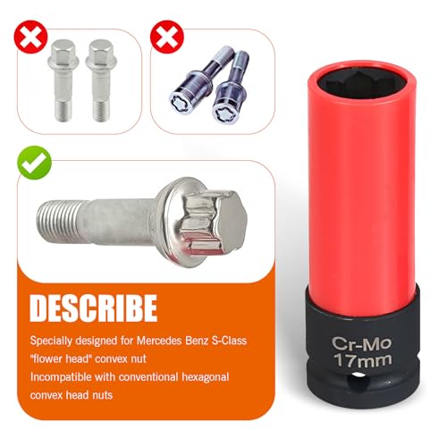 Image of Downhill Car Lug Nut Socket, 0.66 inch /17mm 1 /2 inch Drive Lug Nut Protective Socket, Anti-theft Screw Removal and Installation Socket Tool, Compatible with Mercedes Benz S /C /A /B Class (Red and Black)