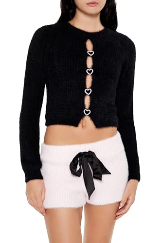 Forever 21 Women's Rhinestone Heart Fuzzy Knit Sweater Black Small