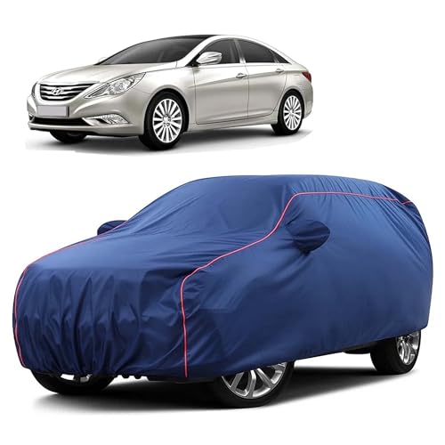 Image of Sulfar 100% Water Resistant Car Body Cover Compatible with Mirror for Hyundai Sonata (Triple Stitched, Full Bottom Elastic, Blue Taffeta with Red Piping)