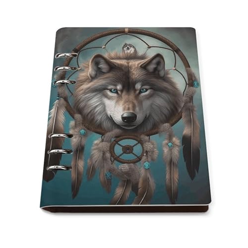 Carnet de notes A5 à anneaux loup 3D en cuir PU rechargeable 90 feuilles