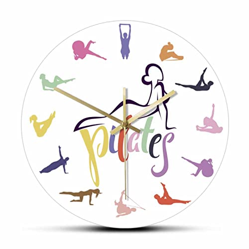 OTKU 30m Reloj Pared Silencioso Los Ejercicios de Pilates posan un Colorido Reloj de Pared Impreso para Pilates Studio Physical Fitness Workout Excerise Decorative Wall Clock