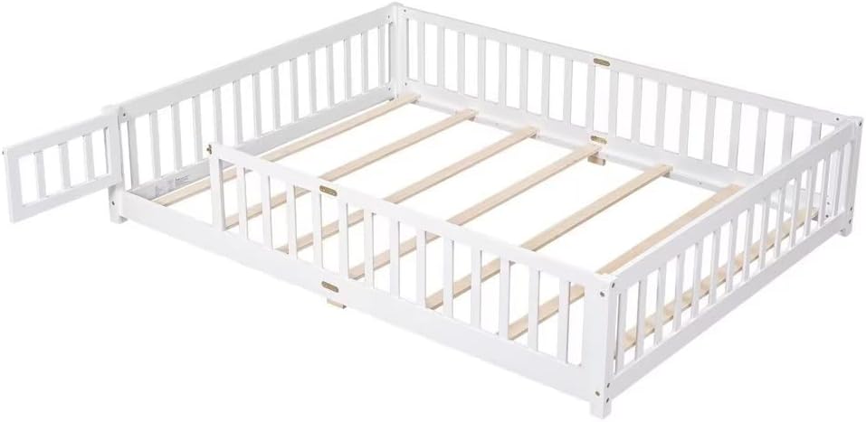 Queen Size Floor Bed, Solid Wood Montessori Floor Bed Frame with Fence-Shaped Guardrails & Small Door & Wood Slats Support for Children, Multifunctional Queen Platform Bed Daybed for Boys Girls, White