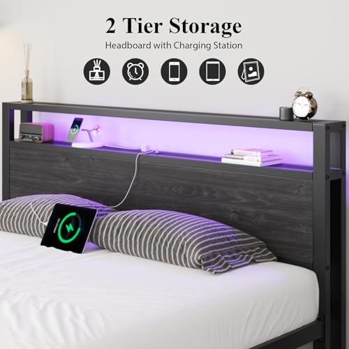 Image of LOEWAY Full Size Bed Frame with Storage Headboard, Industrial Platform Bed with Charging Station and LED Lights, Heavy Duty Metal Slats, No Box Spring Need, Noise Free, Black