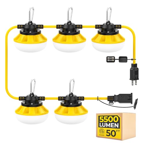 50FT Construction String Lights, 5-Light LED Work Light, 50W 5500LM, ETL Certified, 18/2 SJTW Cord, IP65 Waterproof, Linkable up to 16 Sets, for Attic, Basement, Crawlspace, Garage