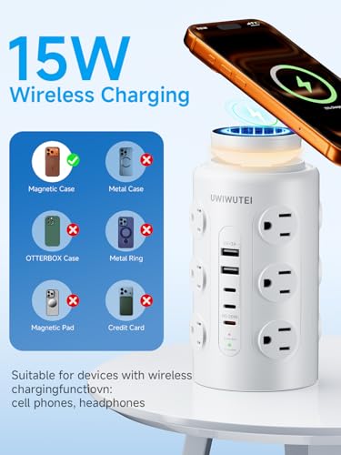 Image of Tower Power Strip Surge Protector with Wireless Charging & Night Light - PD20W Fast Charging Station,12 Outlets, 5 USB (3 USB-C),1800J Protection, 6FT Extension Cord, Home Office Essentials(White)