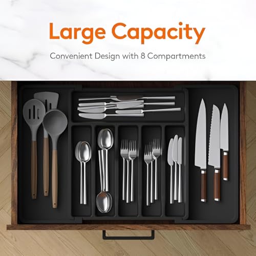 Image of Expandable Utensil Organizer for Kitchen Drawer - Adjustable Plastic Cutlery and Flatware Tray with 8 Compartments, BPA Free Silverware Holder for Spoons, Knives, Spatula and Cooking Tools