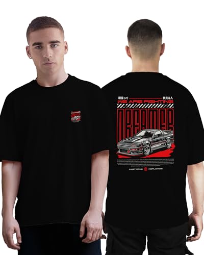Image of Buy That Trendz Mens Oversized Tshirt Black & White Car Printed Crew Neck Cotton Drop Shoulder Half Sleeve Stylish Tshirt