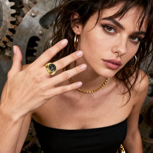 jewelrywe unisex finger ring watch retro gold stretchy elastic band men ladies round black dial quartz analogue lightweight novelty watches for halloween