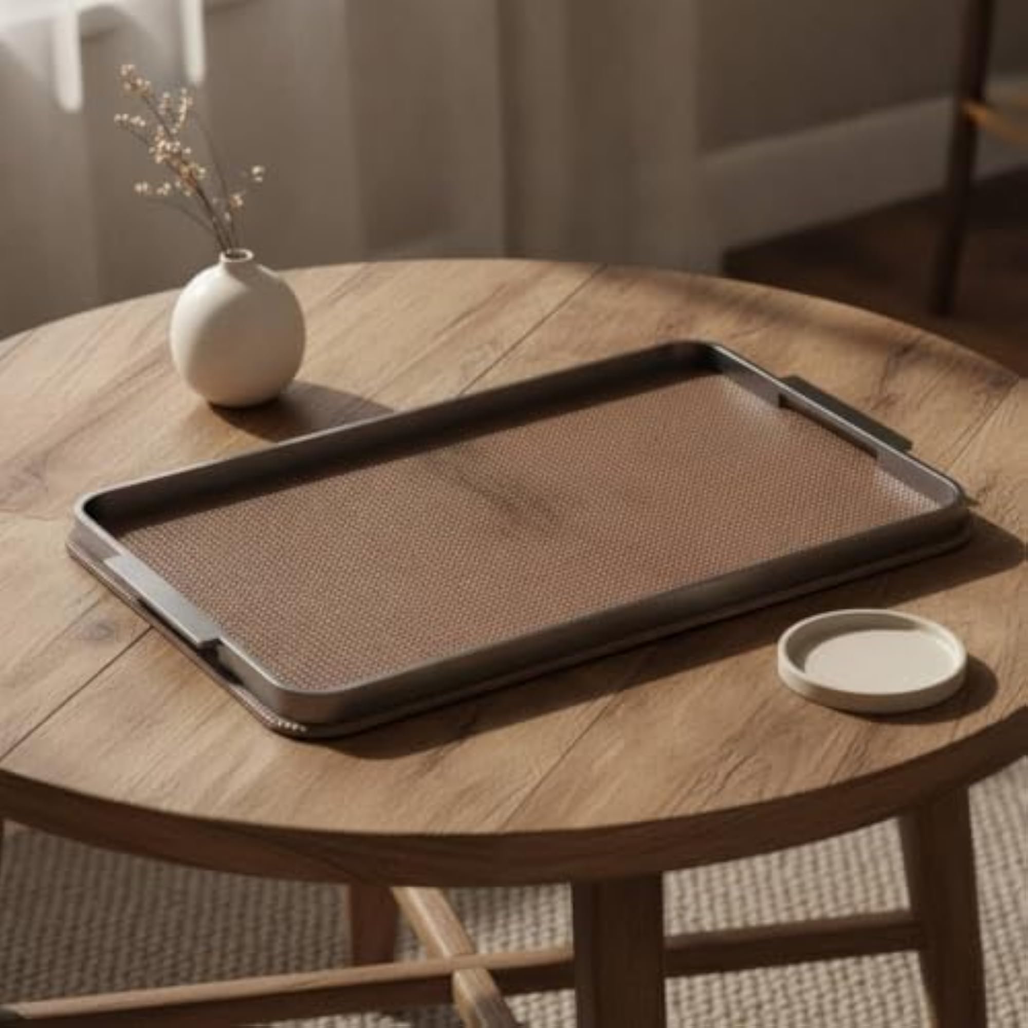 Rectangular Tray with Metal Rim, Slim Woven Base Design