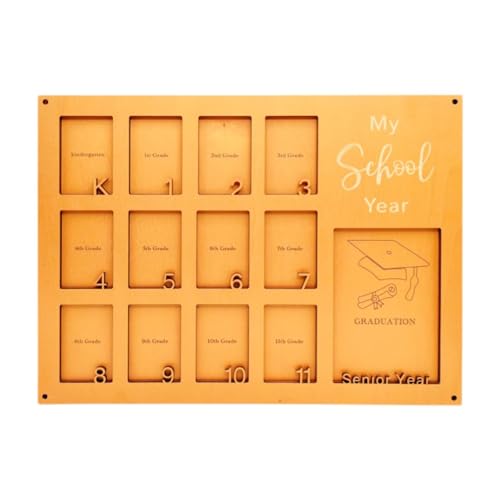 Qianly Wooden School Picture Frame Pre K to 12 40x30cm Multifunctional with 13 Slots Wall Mount for Kids Room Lightweight, Orange