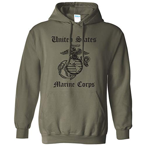 United States Marine Corps Adult Hooded Sweatshirt-Military Green (black text) - Large