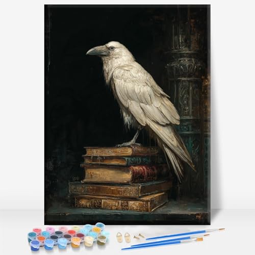 Aeontinity White Raven Antique Bookshelf Gothic Framed Canvas DIY Paint