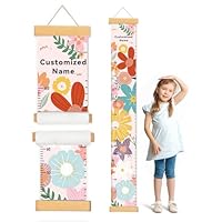 Woodemon Personalized Name Growth Chart for Wall, Painted Flowers Canvas Height Chart for Kids Baby Child Toddler, Canvas Growth Chart for Wall Nursery Decor, Hangable & Waterproof